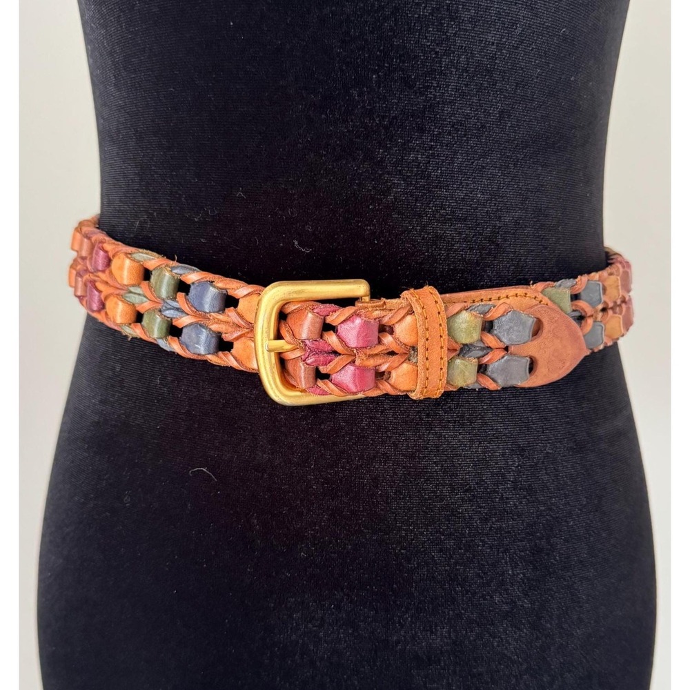 Vintage 90s Braided Leather Belt Size S Multicolor Woven Lattice